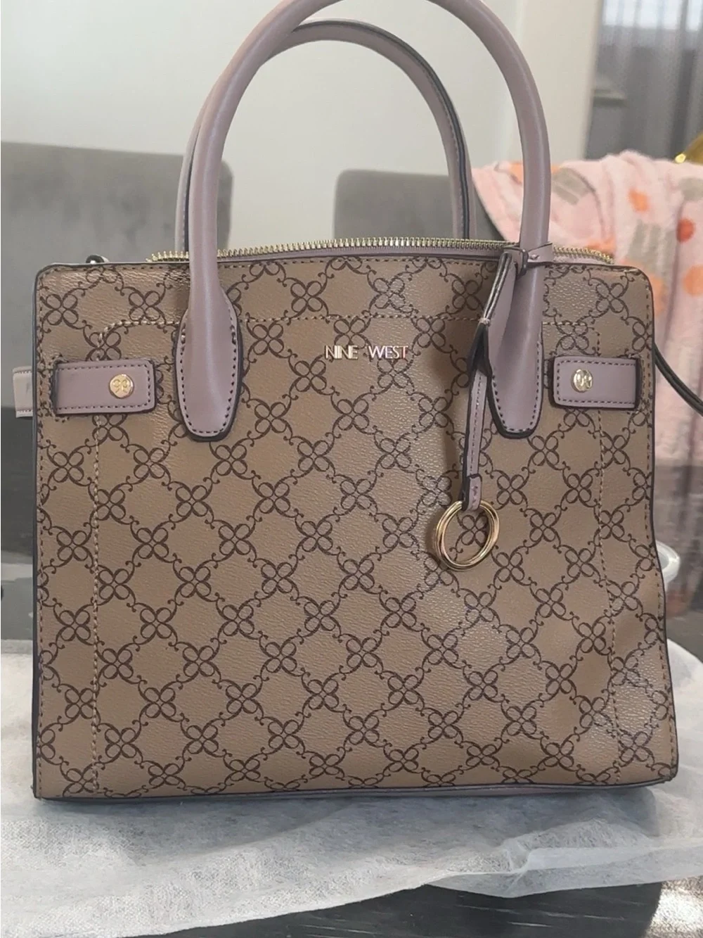 Nine West Taupe Satchel with Lilac Handles